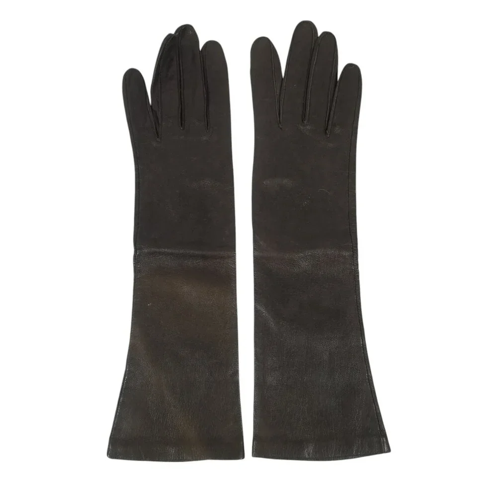 Vintage Leather Gloves Dark Brown Kid 3/4 Length Silk Lined Washable 6 1/2